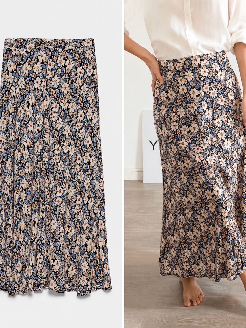 Zara Floral Midi Skirt Blue Cream Boho Spring Summer SZ XS